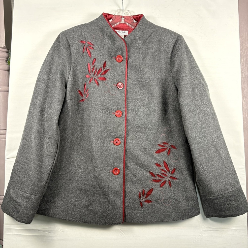 NorthStyle Womens Grey Red Floral Embroidered Button Front Jacket M Mandarin